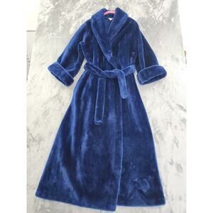 Vintage 70s Kingly Faux Fur Furry Long Wrap Robe Size L 16/18 Royal Blue Pockets